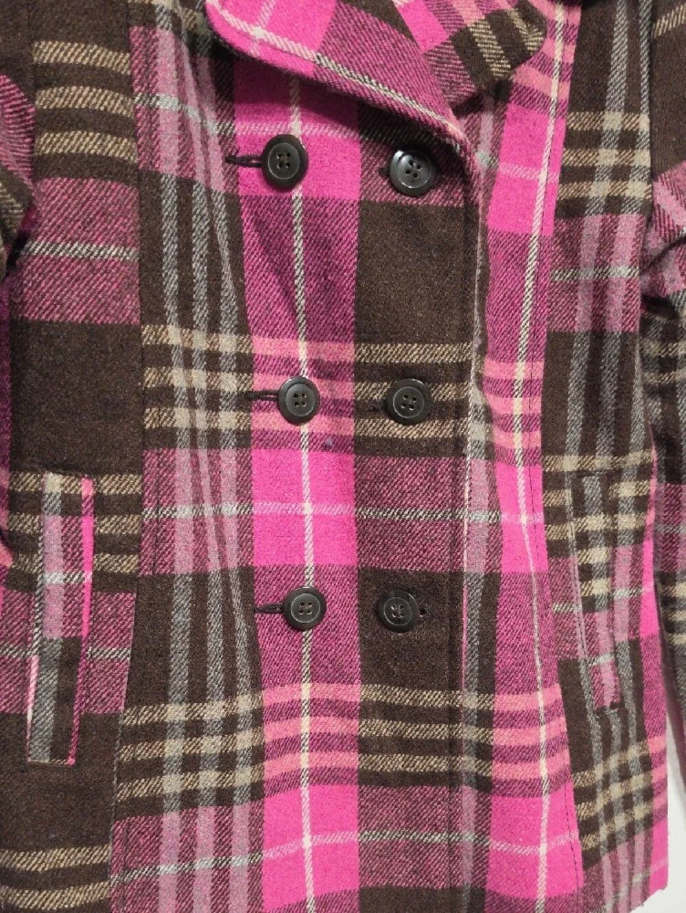 Y2k Old Navy Pink and Brown Plaid Double-Breasted Coat